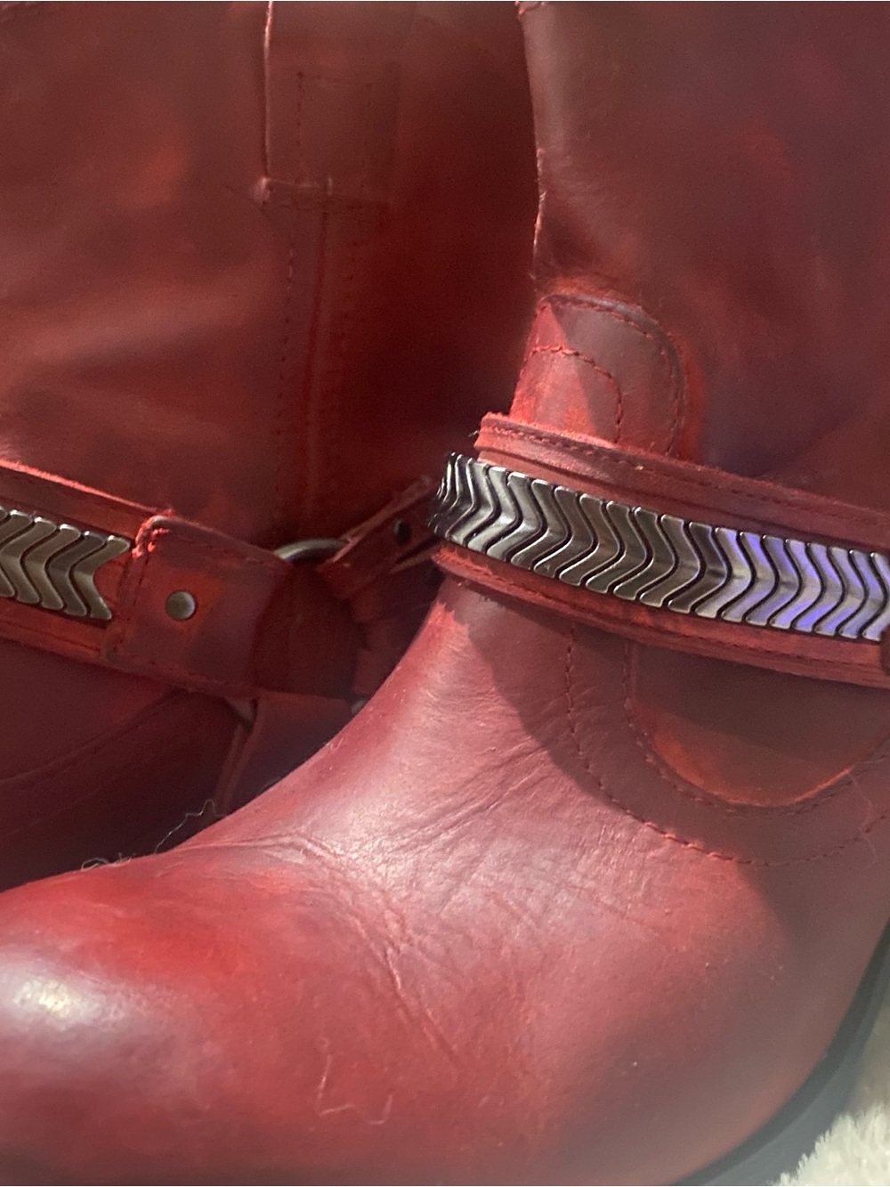 Women's Red Leather Ankle Booties with Chevron Metal Strap